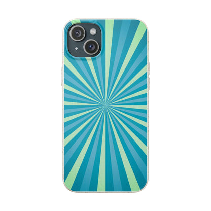 A phone case featuring a retro sunburst pattern with radiating stripes in shades of teal, blue, and mint green, shown on a plain white background.