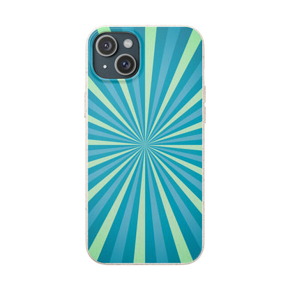 A phone case featuring a retro sunburst pattern with radiating stripes in shades of teal, blue, and mint green, shown on a plain white background.