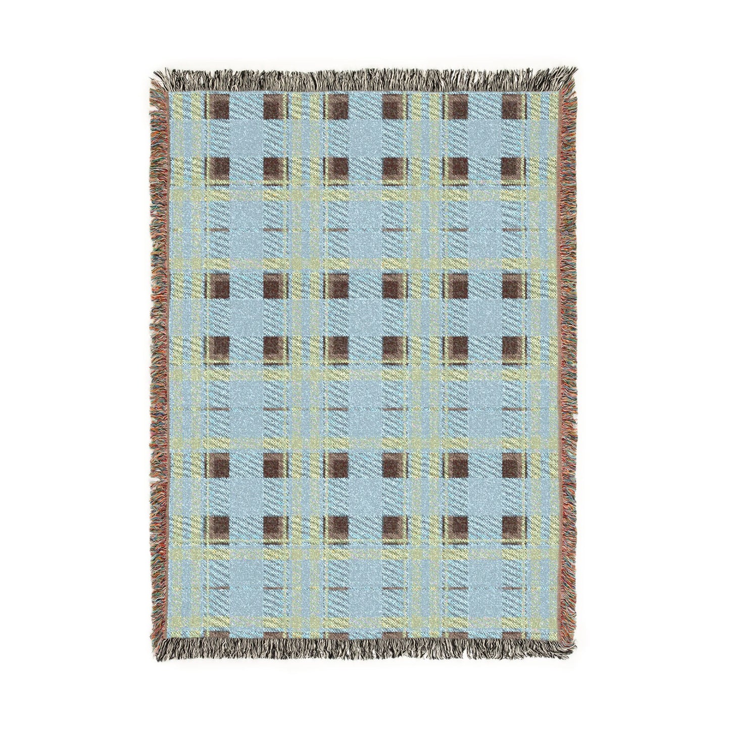 A rectangular woven throw blanket with a light blue plaid pattern, brown and yellow intersecting lines, and fringed edges on all sides, shown flat against a white background.