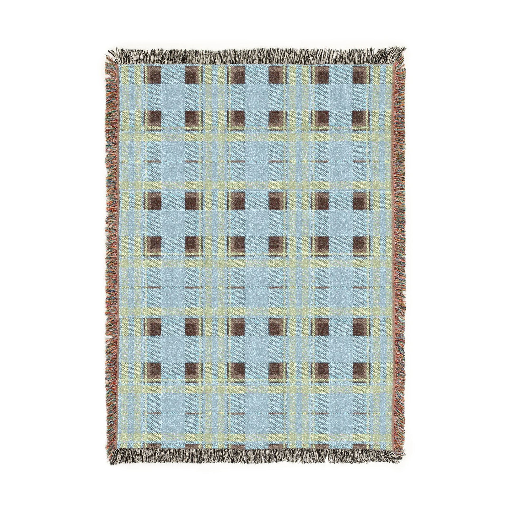 A rectangular woven throw blanket with a light blue plaid pattern, brown and yellow intersecting lines, and fringed edges on all sides, shown flat against a white background.