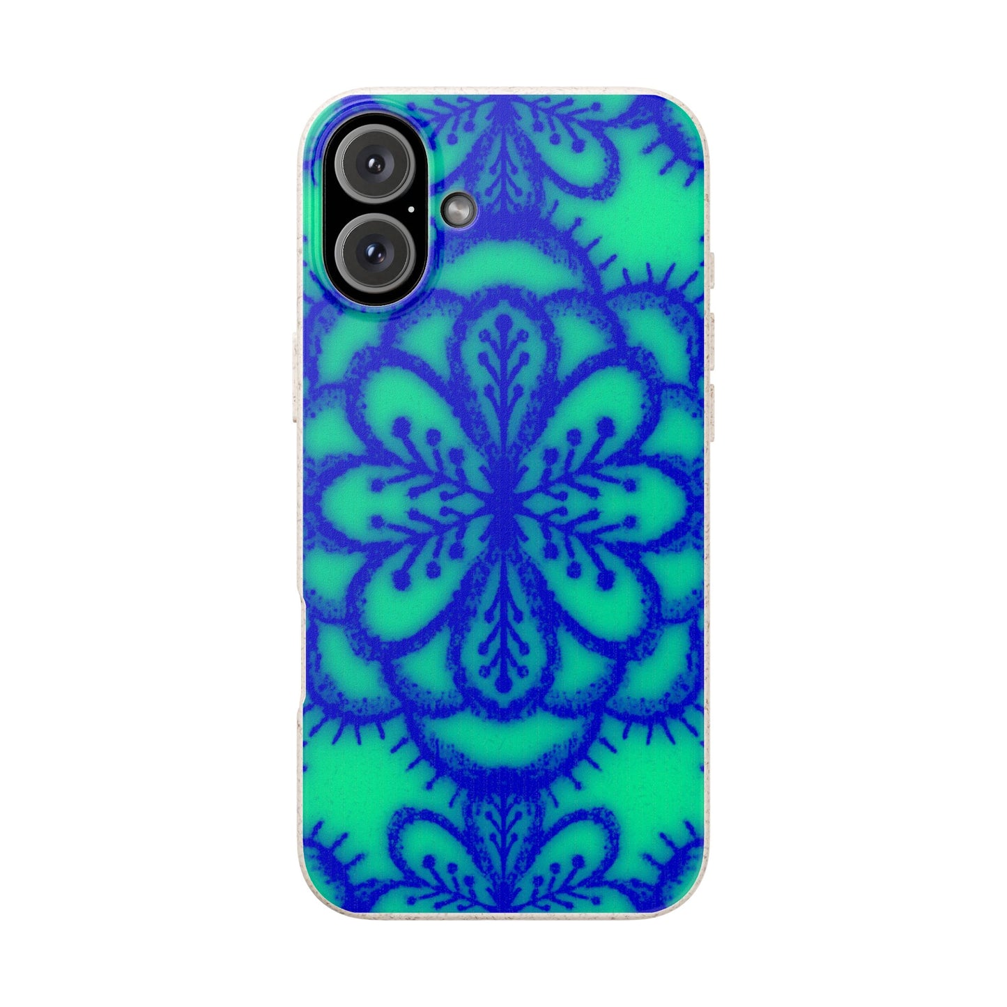 A phone case featuring a vibrant blue mandala pattern over a bright green background, shown on a clean white studio background.