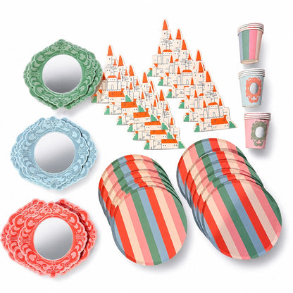 Pastel striped paper plates, castle-shaped napkins, mirror-shaped plates, and cups from the Pop Party Princess Party Pack.