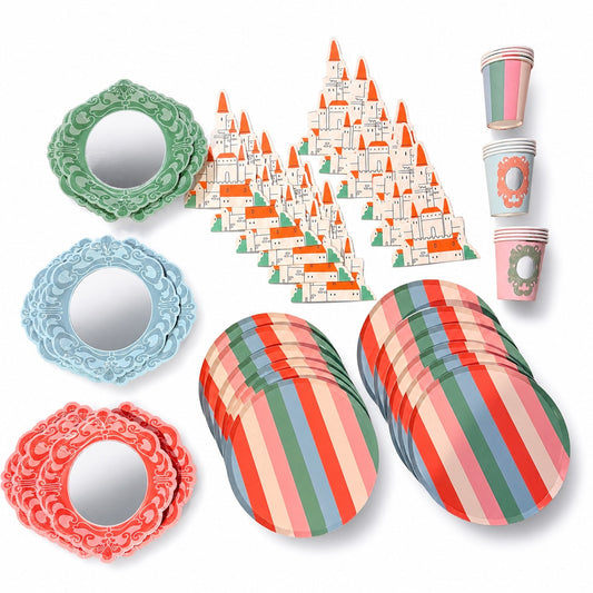 Pastel striped paper plates, castle-shaped napkins, mirror-shaped plates, and cups from the Pop Party Princess Party Pack.