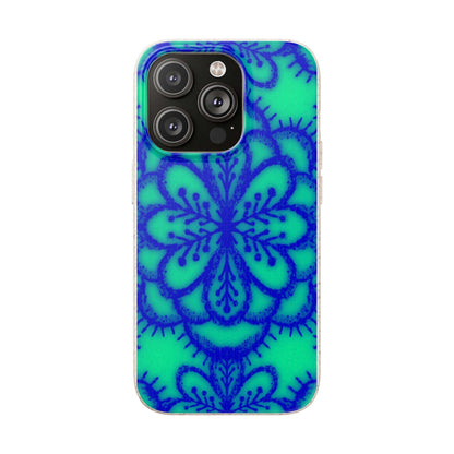 A phone case featuring a vibrant blue mandala pattern on a bright green background, shown on a plain white background.
