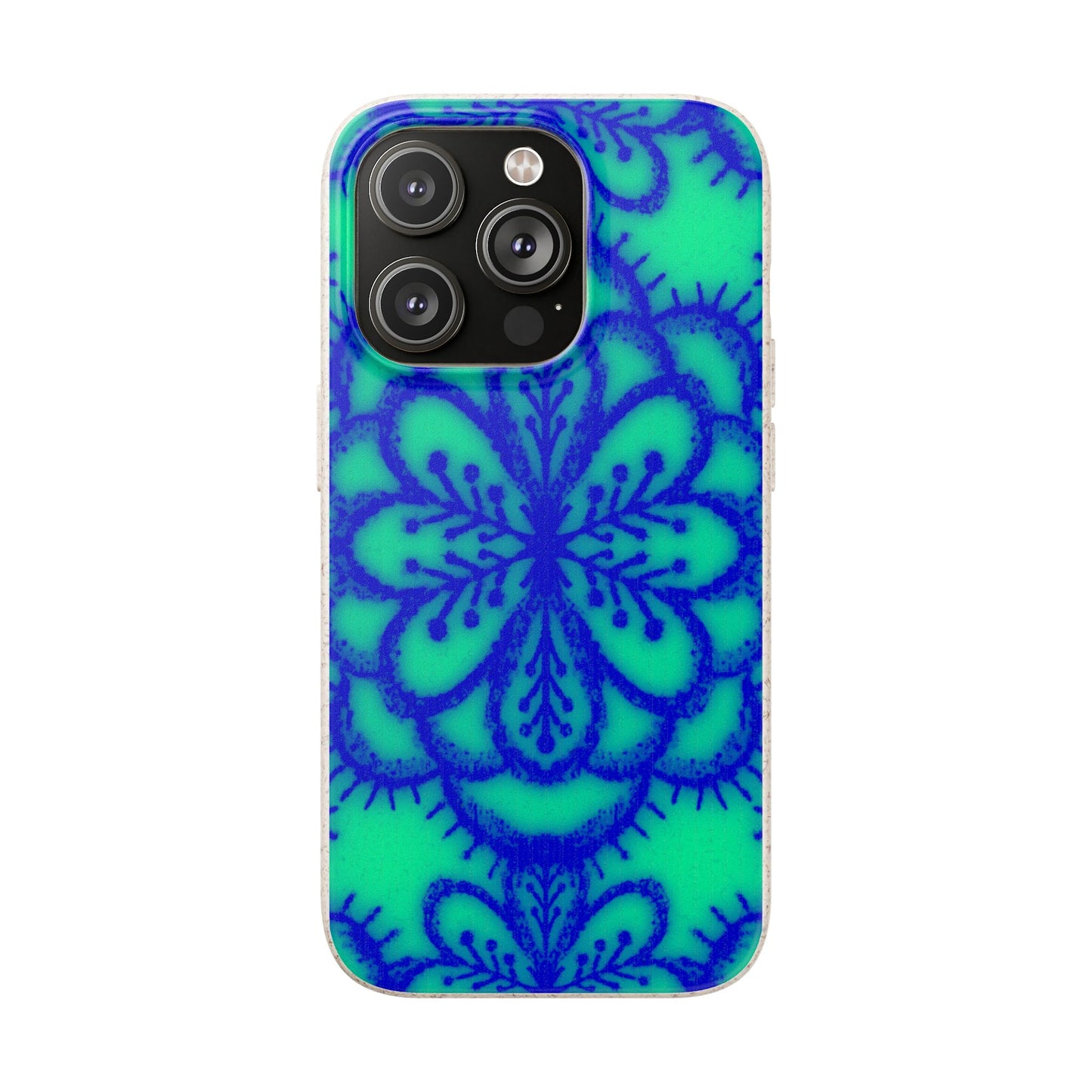 A phone case featuring a vibrant blue mandala pattern on a bright green background, shown on a plain white background.