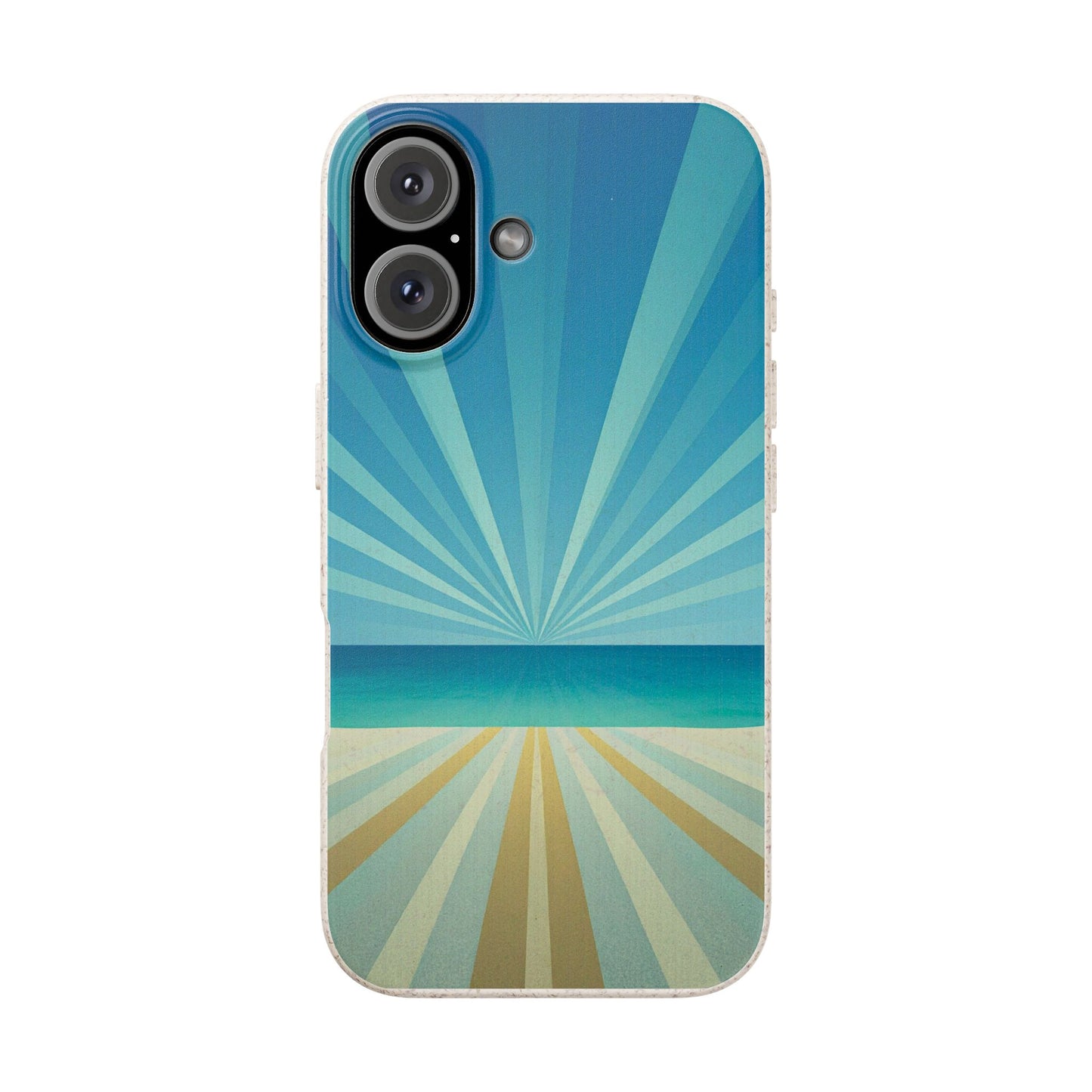 A phone case featuring a retro-style sunburst beach design with shades of blue, teal, and sandy beige, shown on a plain white background.