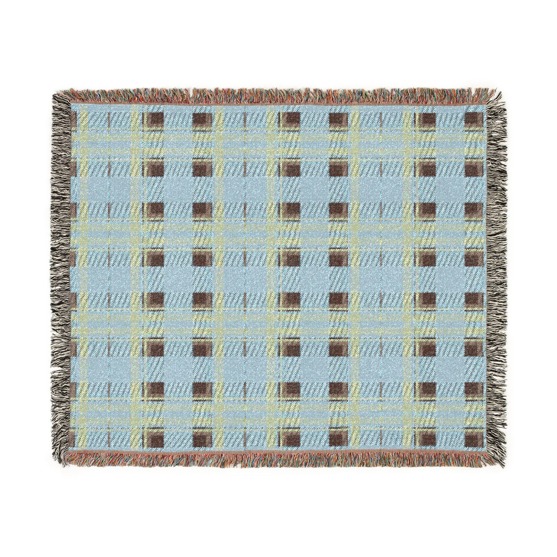 A square woven throw blanket with a plaid pattern in light blue, brown, and pale yellow, featuring fringed edges on all sides, shown against a plain white background.