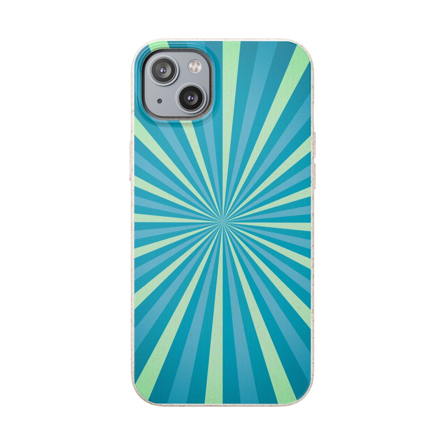 A phone case featuring a retro sunburst pattern with radiating stripes in shades of teal, blue, and light green, shown on a plain white background.