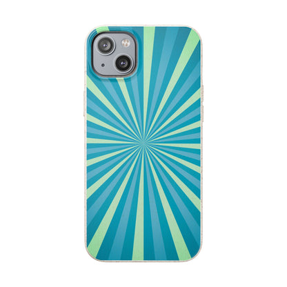 A phone case featuring a retro sunburst pattern with radiating stripes in shades of teal, blue, and light green, shown on a plain white background.