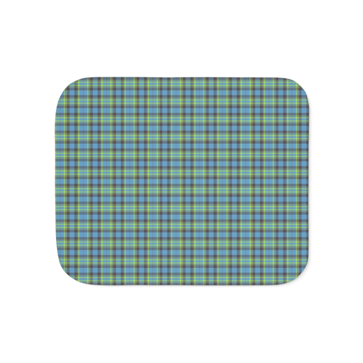 A square product with rounded corners featuring a blue, green, and yellow plaid pattern, shown on a plain white background.