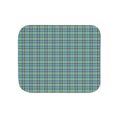 A square product with rounded corners featuring a blue, green, and yellow plaid pattern, shown on a plain white background.