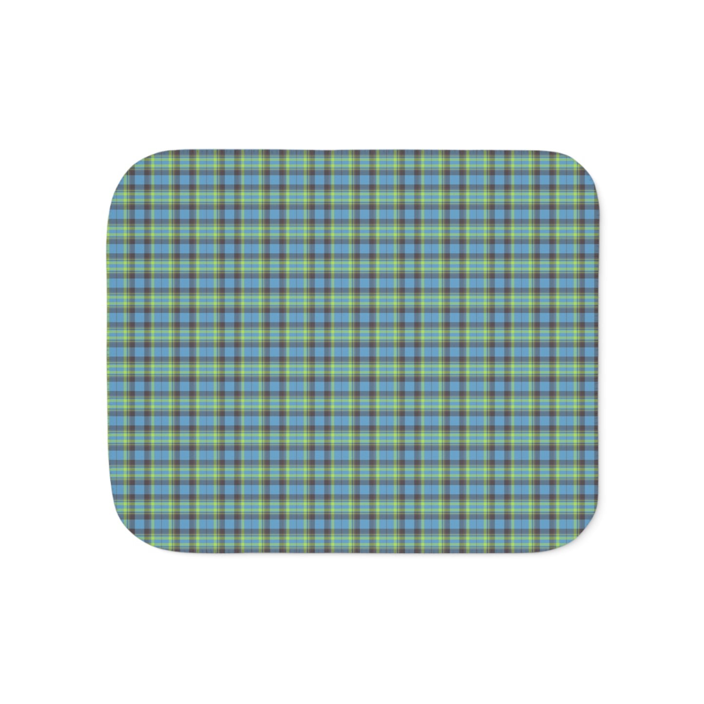 A square product with rounded corners featuring a blue, green, and yellow plaid pattern, shown on a plain white background.