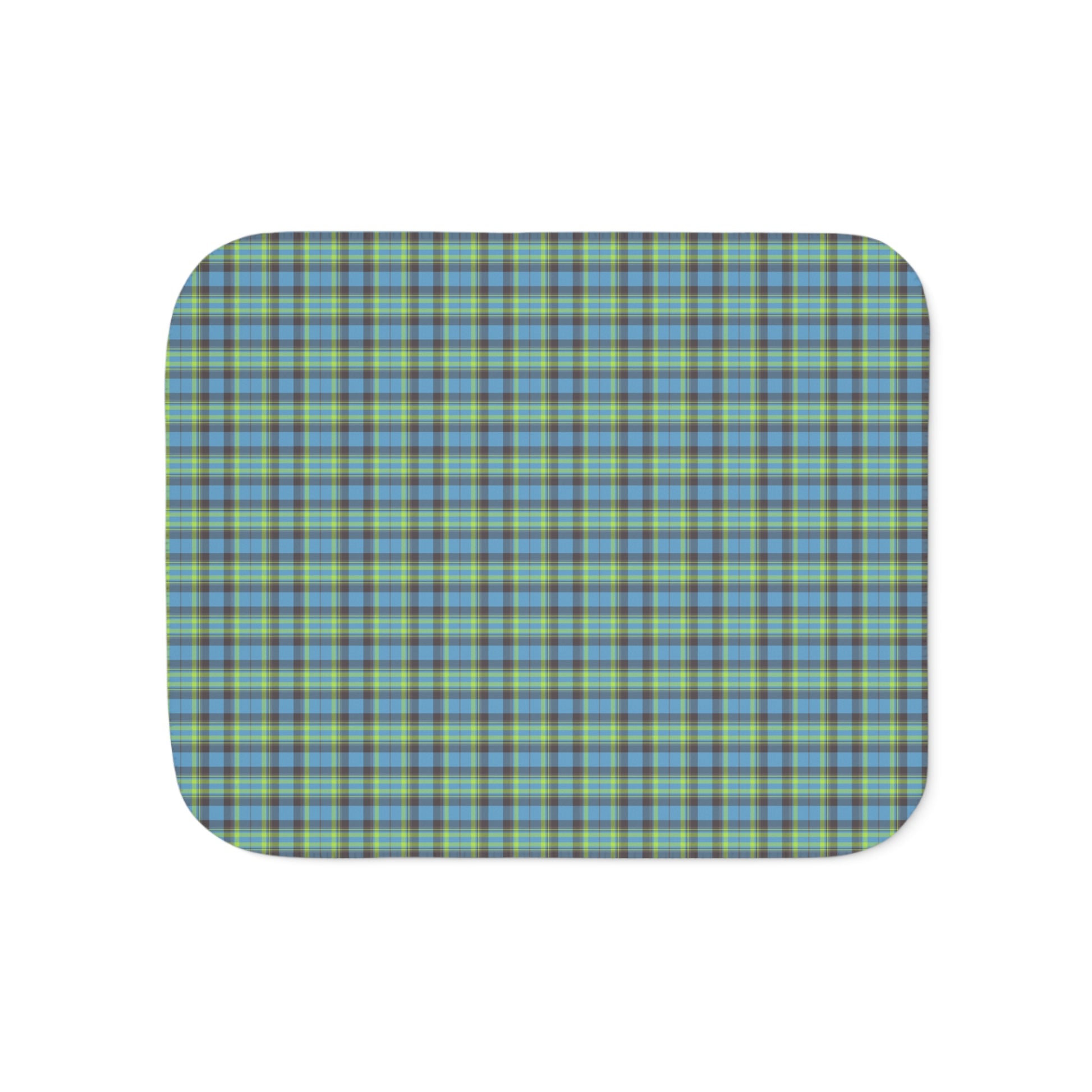 A square product with rounded corners featuring a blue, green, and yellow plaid pattern, shown on a plain white background.