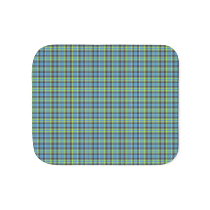A square product with rounded corners featuring a blue, green, and yellow plaid pattern, shown on a plain white background.
