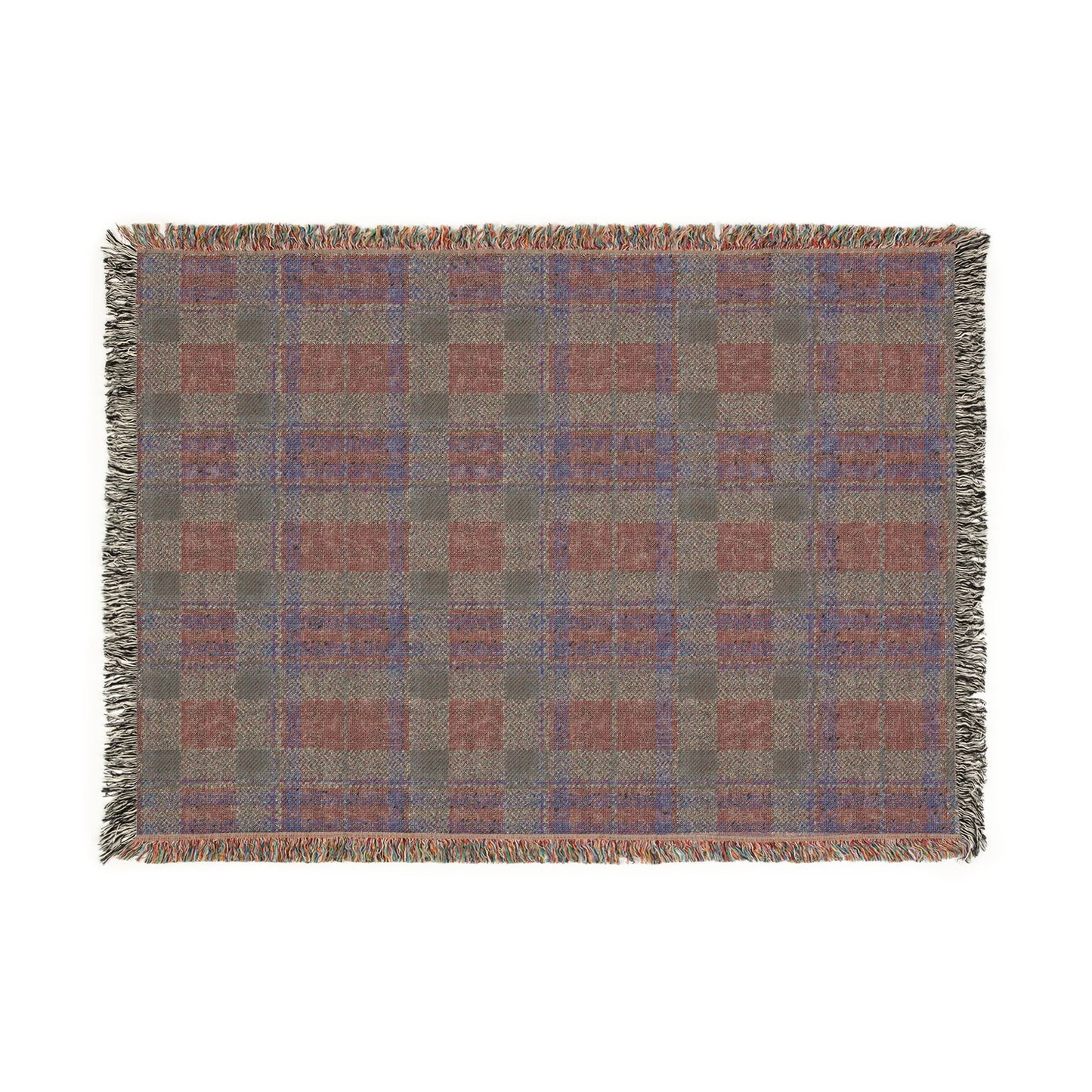 A rectangular woven throw blanket with fringed edges, featuring a muted plaid pattern in taupe, dusty rose, and slate blue on a white background.