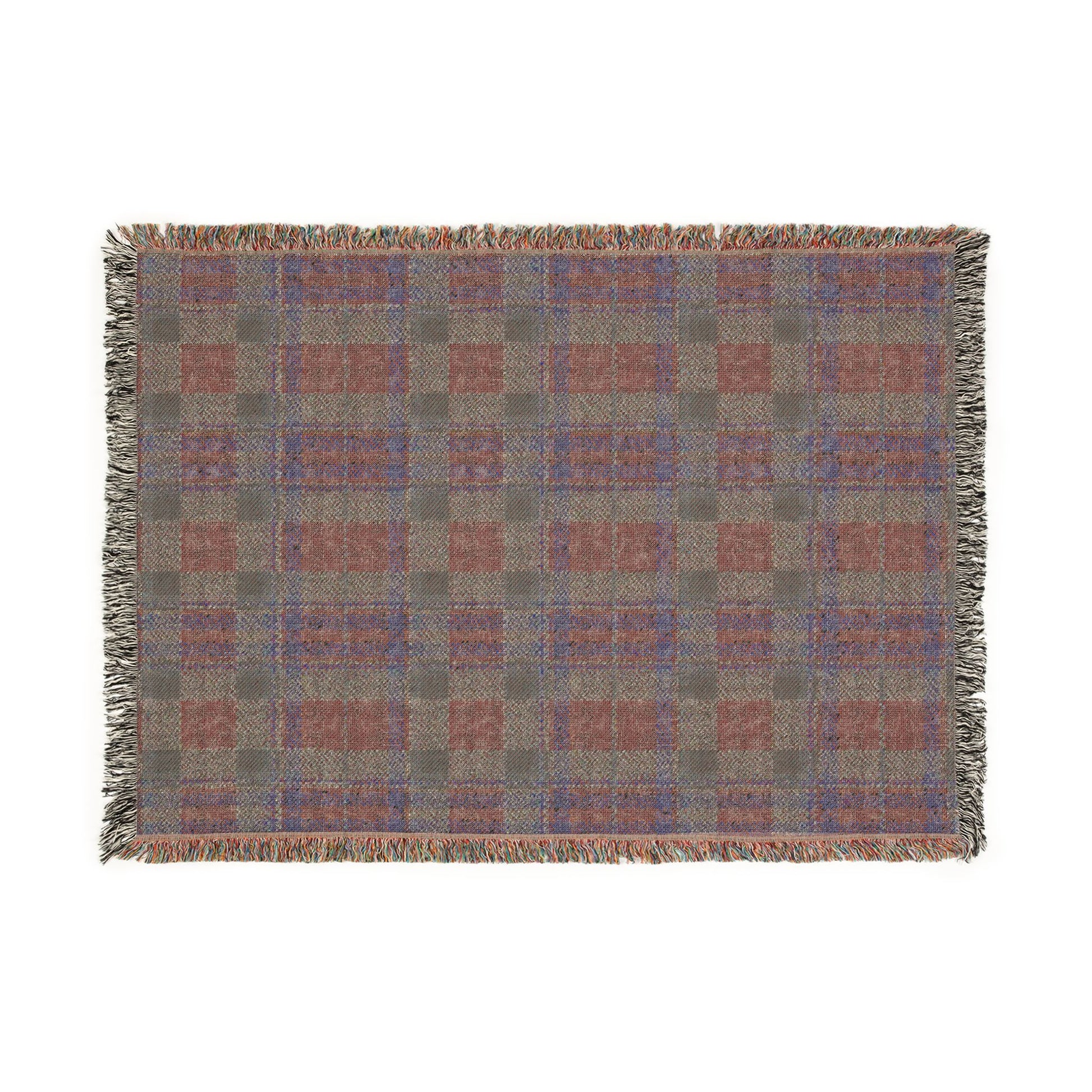 A rectangular woven throw blanket with fringed edges, featuring a muted plaid pattern in taupe, dusty rose, and slate blue on a white background.