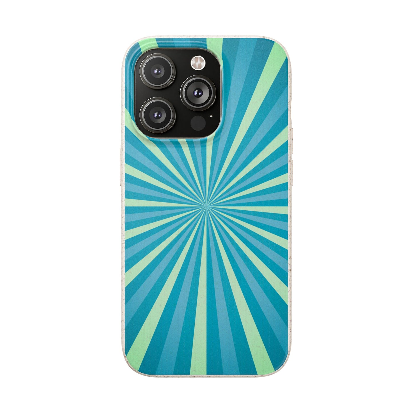 A clear phone case with a retro sunburst pattern in shades of teal, blue, and mint green, shown on a white background.