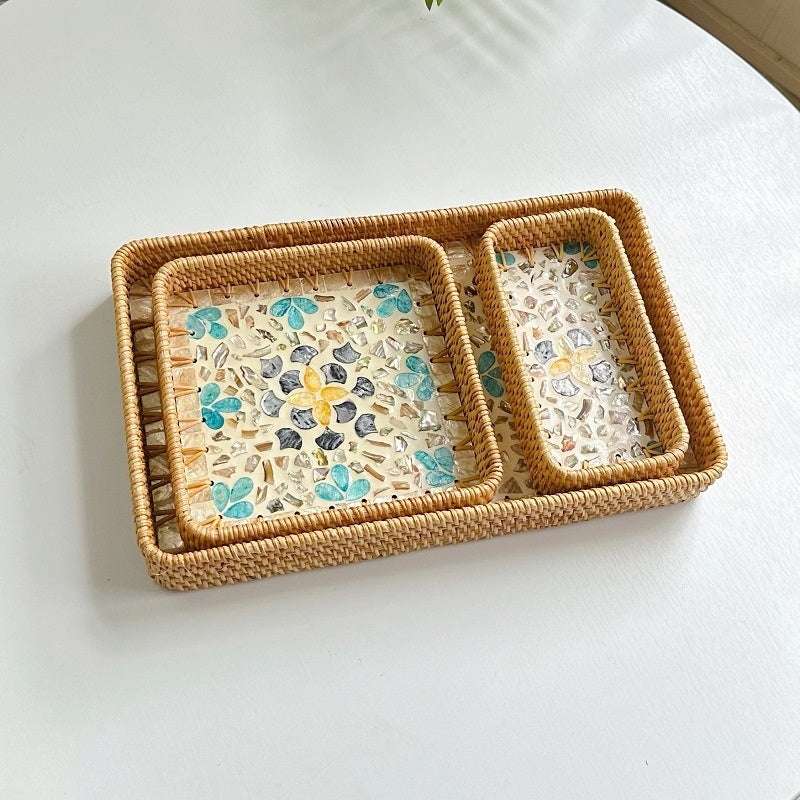 Rattan Mother of Pearl Rectangular Tray