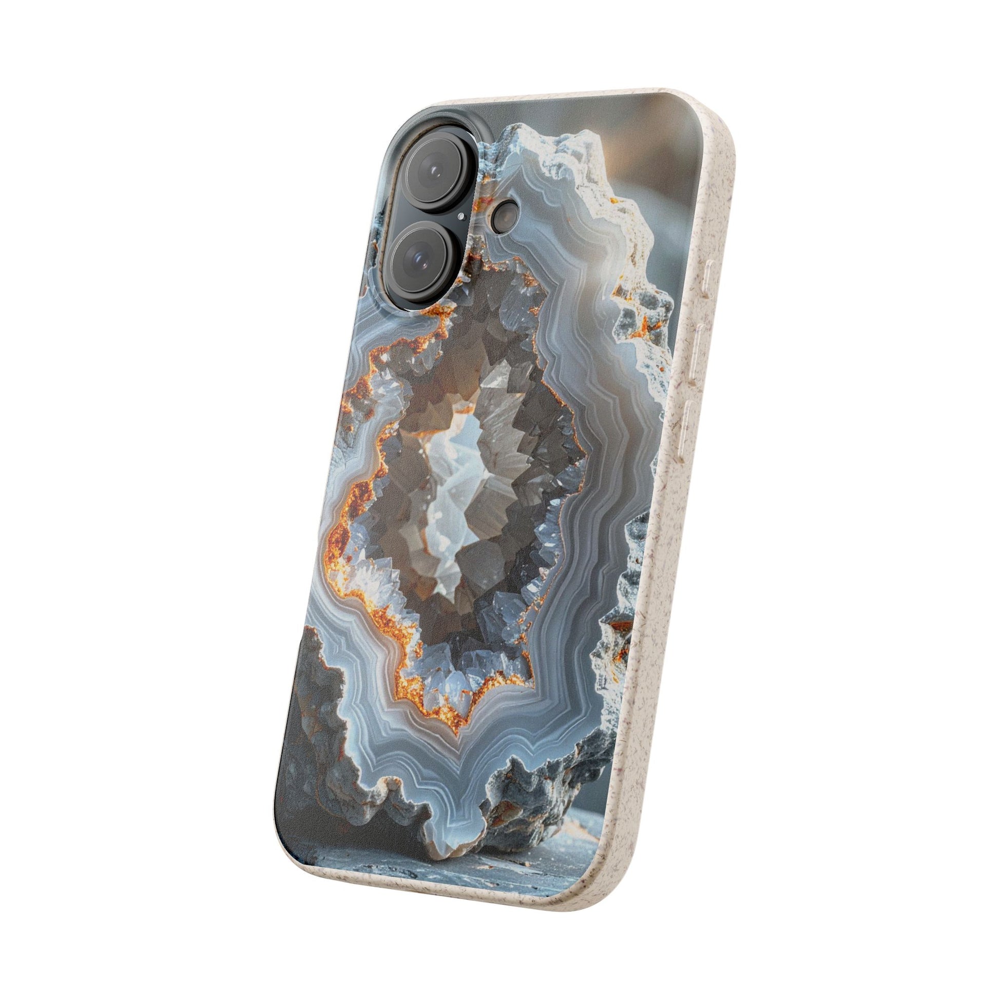 A protective phone case featuring a detailed geode or agate pattern with concentric bands of gray, white, black, and orange, set against a clean white background.