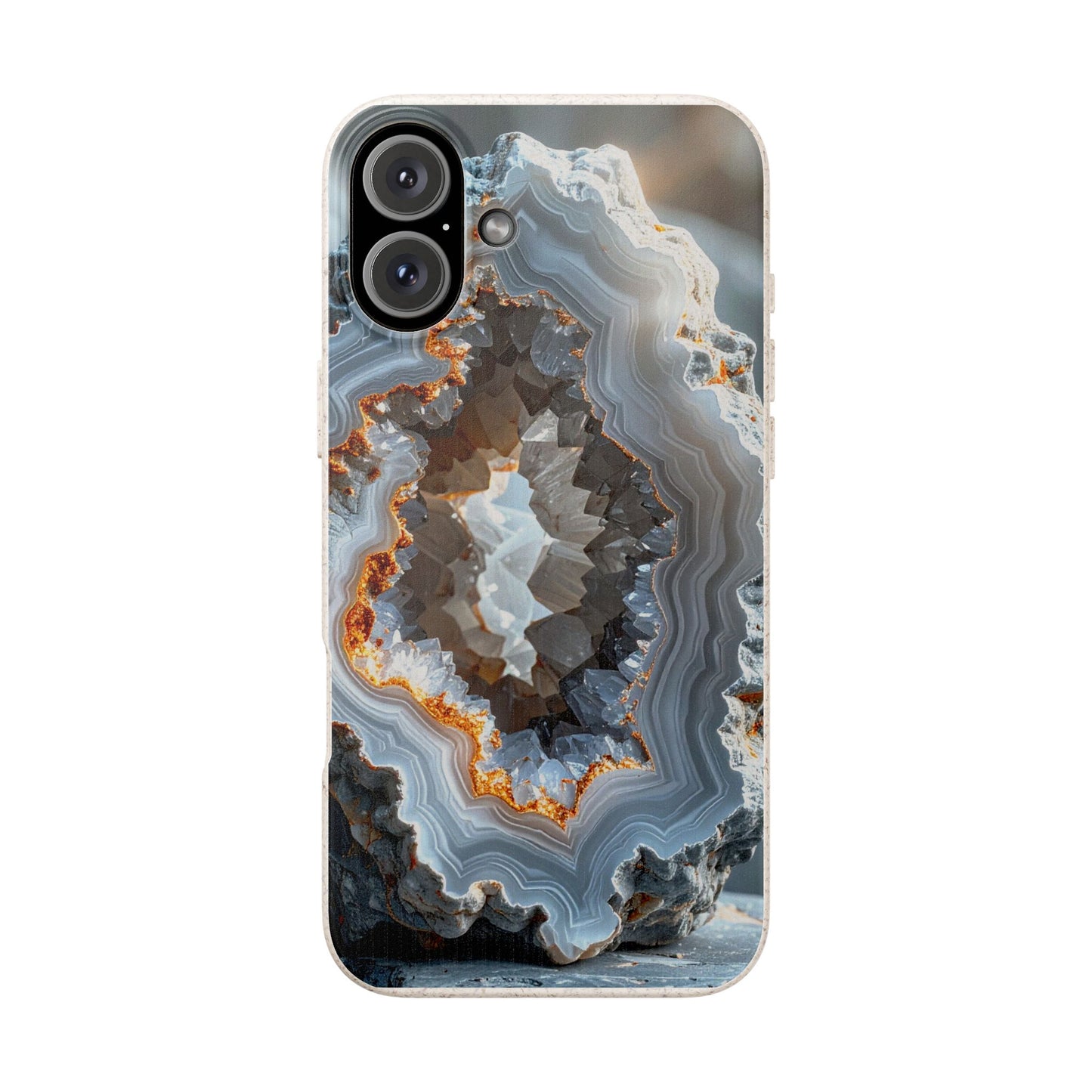 A phone case featuring a detailed geode and agate pattern with concentric bands of gray, white, brown, and orange, shown on a light gray background.