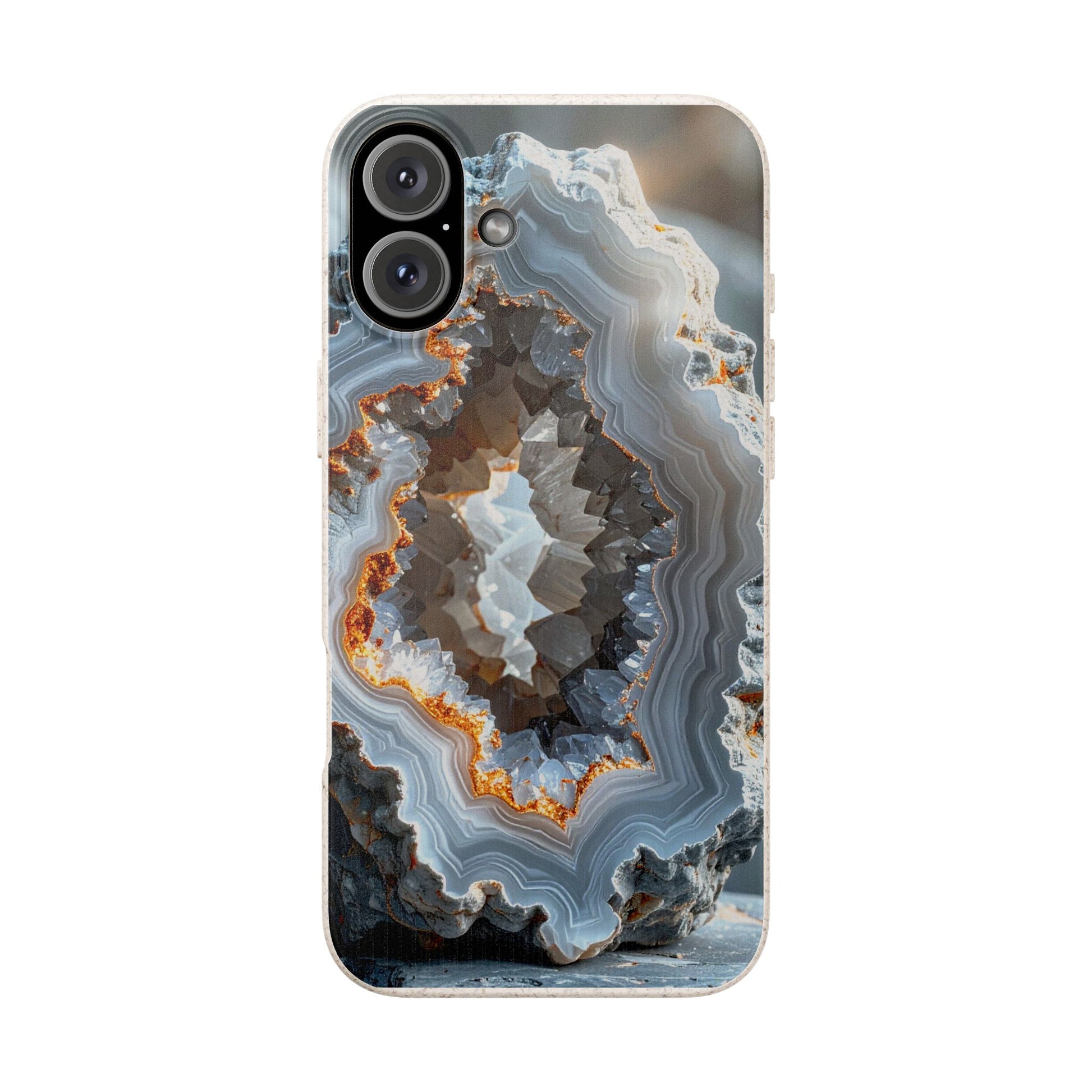 A phone case featuring a detailed geode and agate pattern with concentric bands of gray, white, brown, and orange, shown on a light gray background.