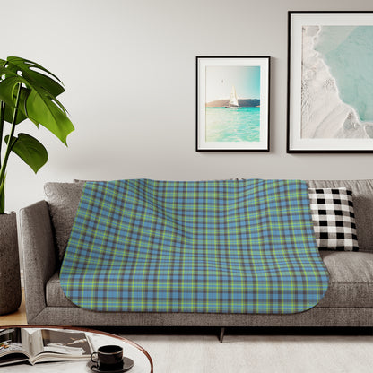 A plaid throw blanket draped over a gray sofa in a living room setting, featuring a blue, green, and yellow tartan pattern. The background includes framed wall art, a potted plant, and a coffee table with an open book and a black cup.