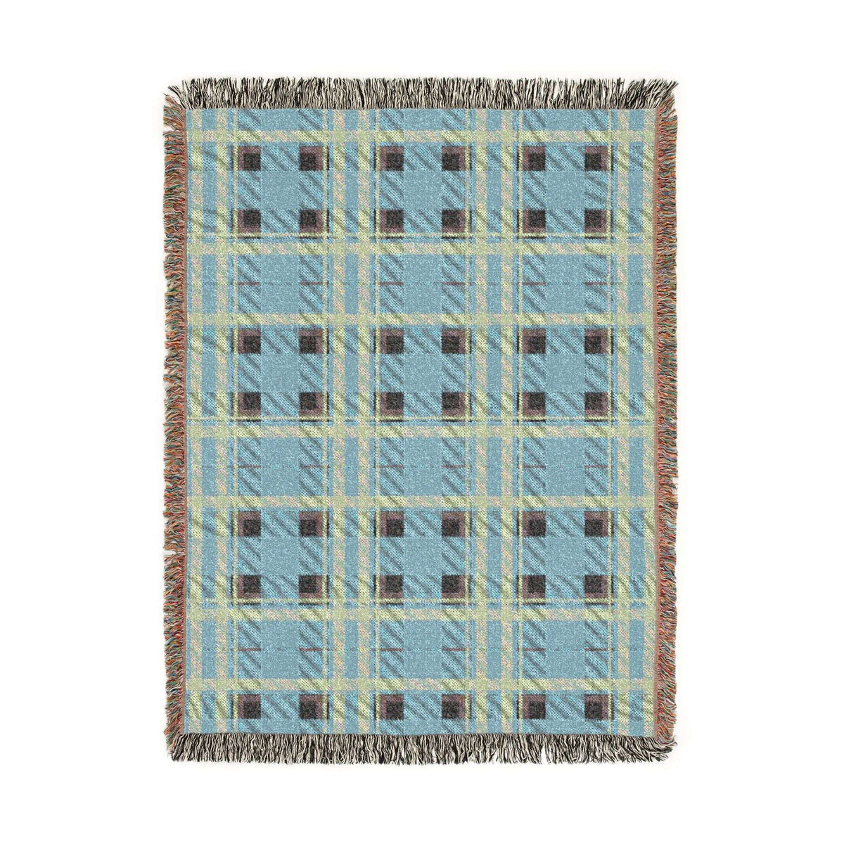 A rectangular woven throw blanket with a light blue, beige, and brown plaid pattern and fringed edges, shown flat against a white background.