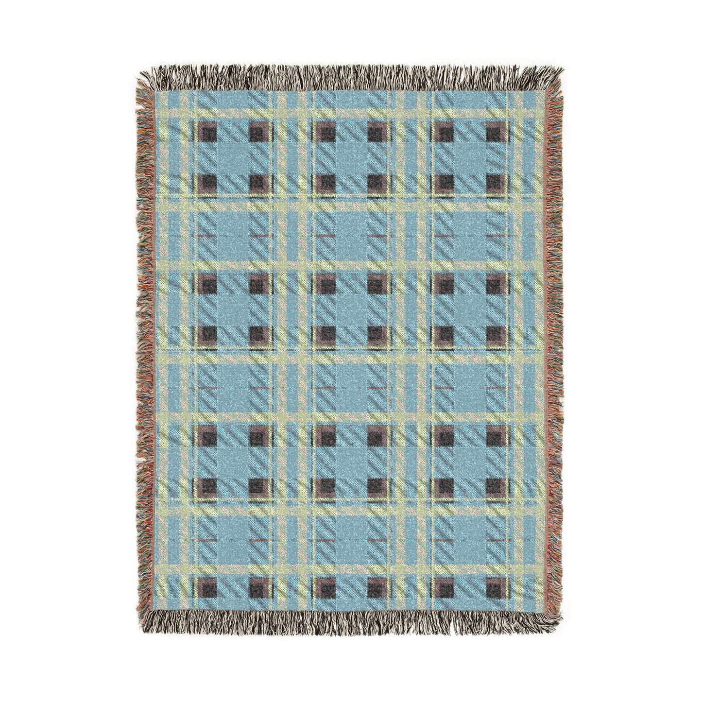 A rectangular woven throw blanket with a light blue, beige, and brown plaid pattern and fringed edges, shown flat against a white background.