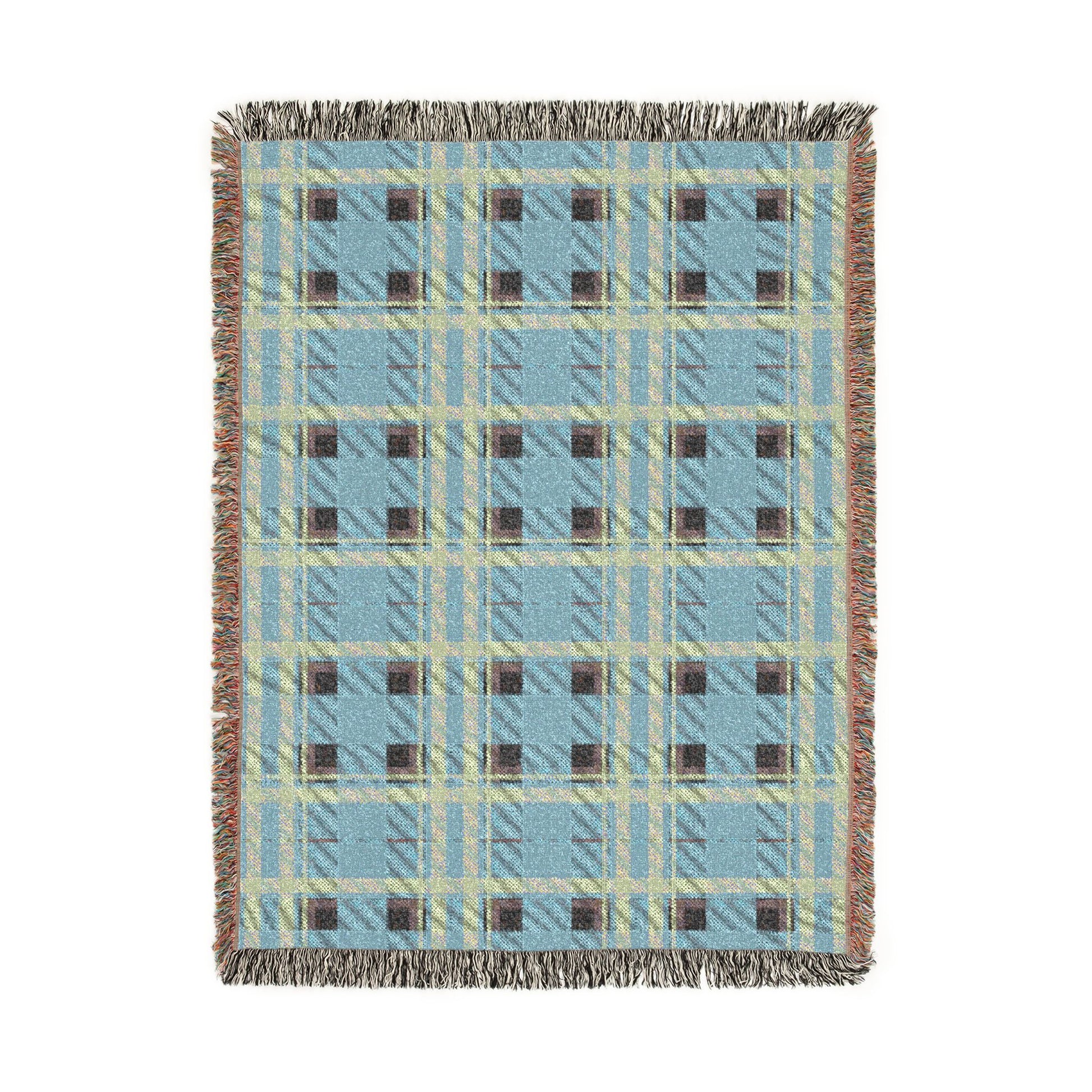 A rectangular woven throw blanket with a light blue, beige, and brown plaid pattern and fringed edges, shown flat against a white background.