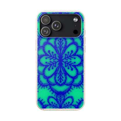 A protective phone case with a vibrant teal and blue mandala pattern, shown on a plain white background.