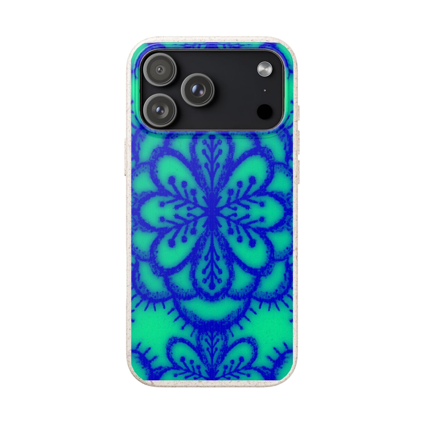 A protective phone case with a vibrant teal and blue mandala pattern, shown on a plain white background.