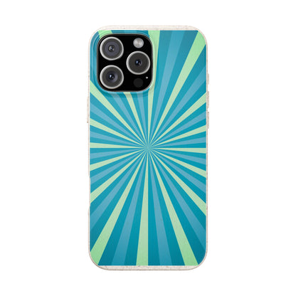 A protective phone case featuring a retro sunburst pattern with radiating teal, blue, and mint green stripes, shown on a plain white background.
