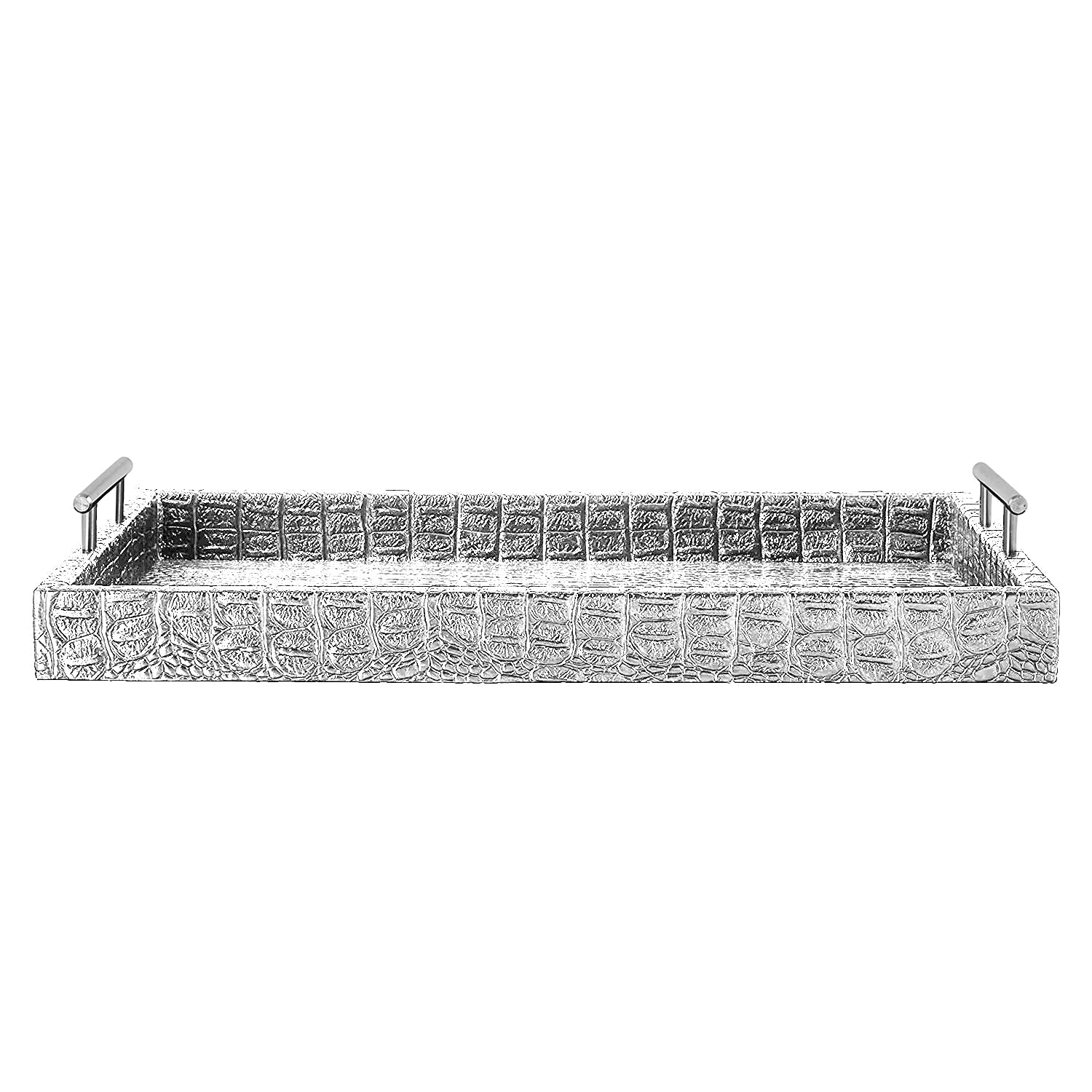 Faux alligator tray with silver coating on a white background