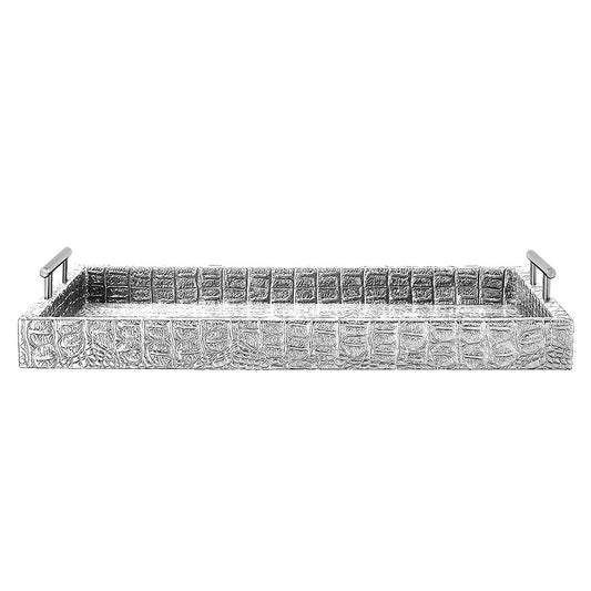 Faux alligator tray with silver coating on a white background