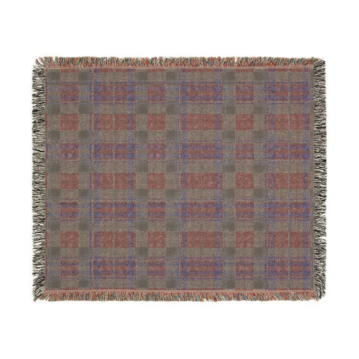 A square woven throw blanket with a plaid pattern in muted gray, terracotta red, and blue, finished with fringed edges, shown flat against a white background.