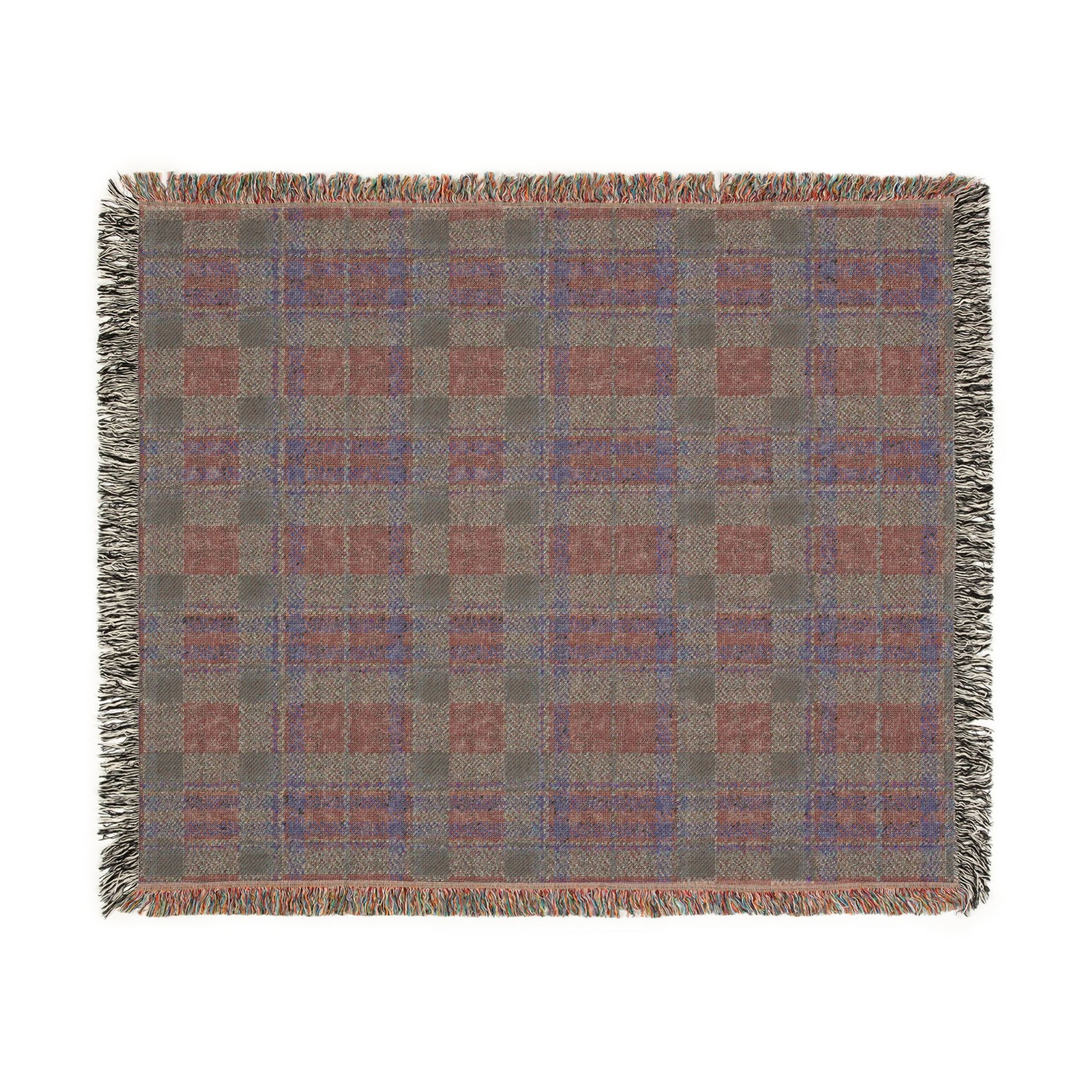 A square woven throw blanket with a plaid pattern in muted gray, terracotta red, and blue, finished with fringed edges, shown flat against a white background.