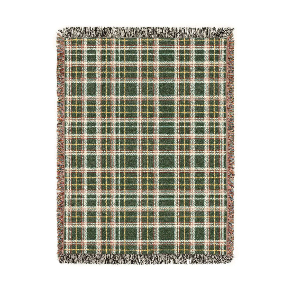 A rectangular woven throw blanket with a green, red, beige, and yellow plaid pattern and fringed edges, shown flat against a white background.