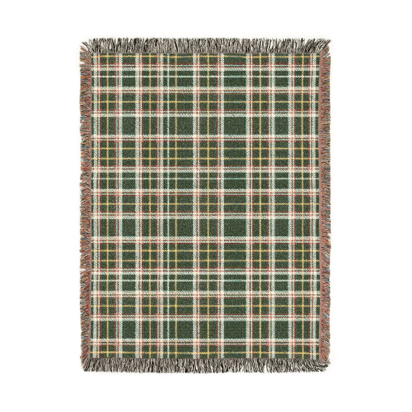 A rectangular woven throw blanket with a green, beige, and yellow plaid pattern and fringed edges, shown flat against a white background.