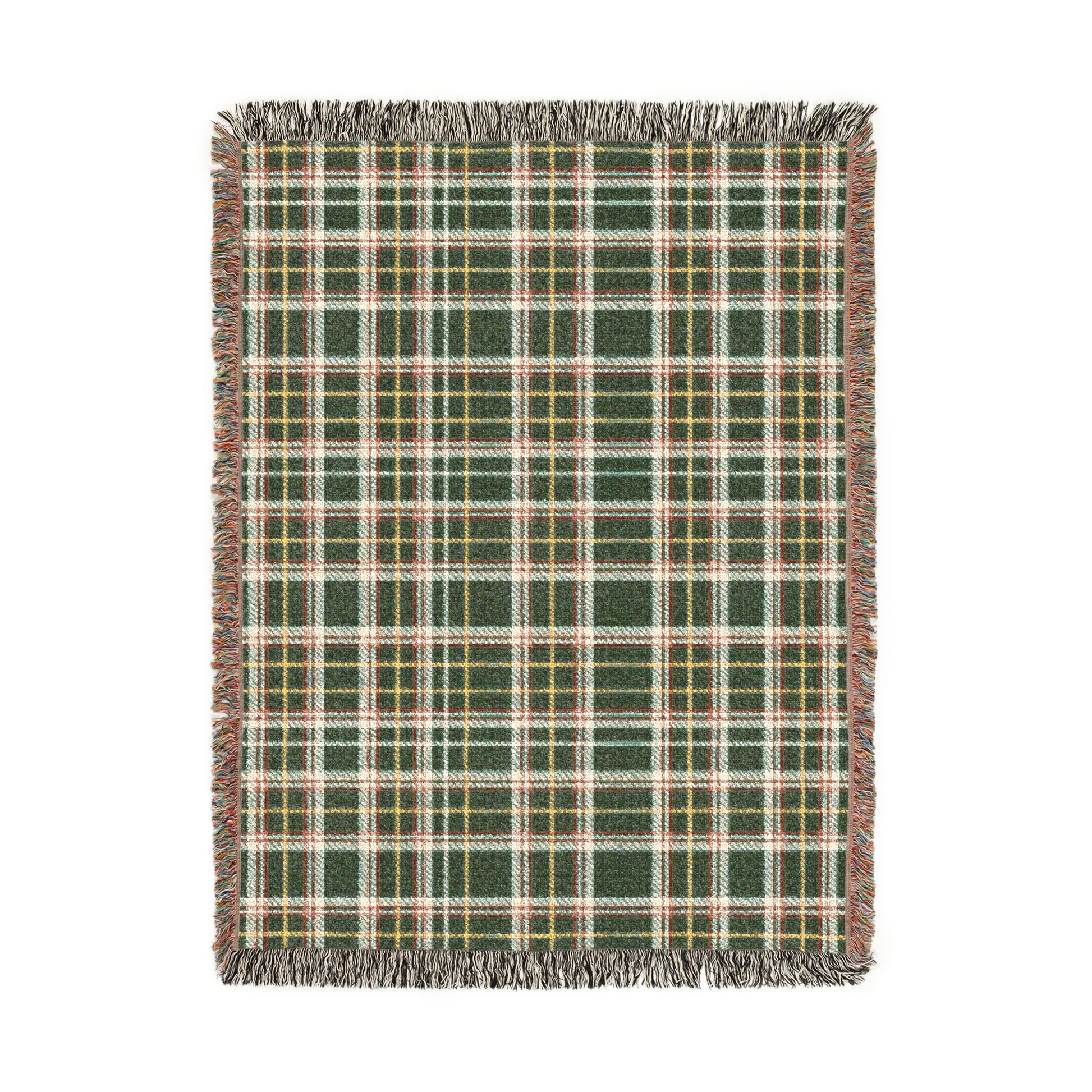 A rectangular woven throw blanket with a green, beige, and yellow plaid pattern and fringed edges, shown flat against a white background.