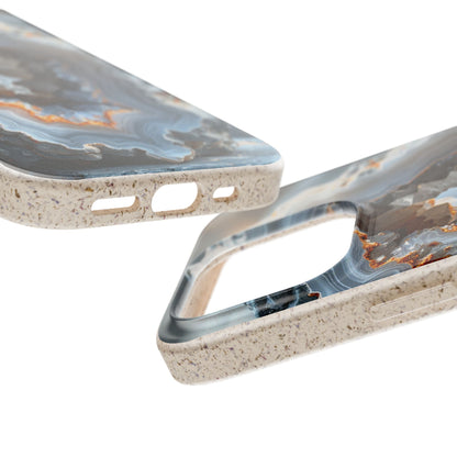 Two close-up views of a smartphone case with a speckled beige border and a marbled blue, gray, and brown pattern on a white background.