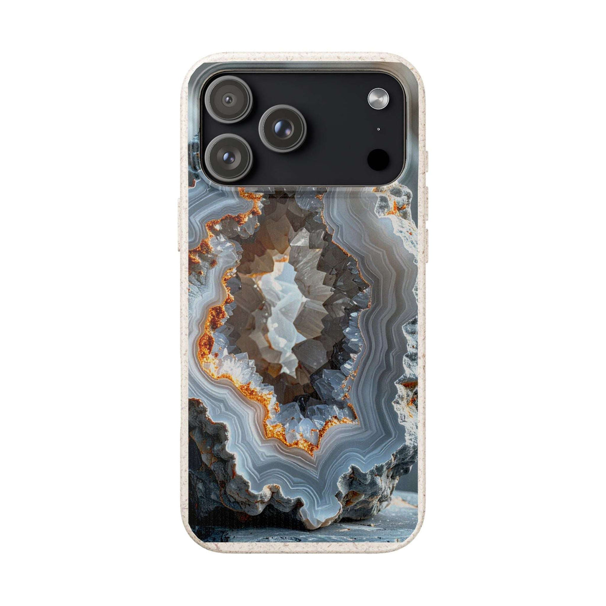 A clear-edged smartphone case featuring a detailed geode and agate stone pattern with concentric bands of gray, white, brown, and orange, shown on a plain white background.