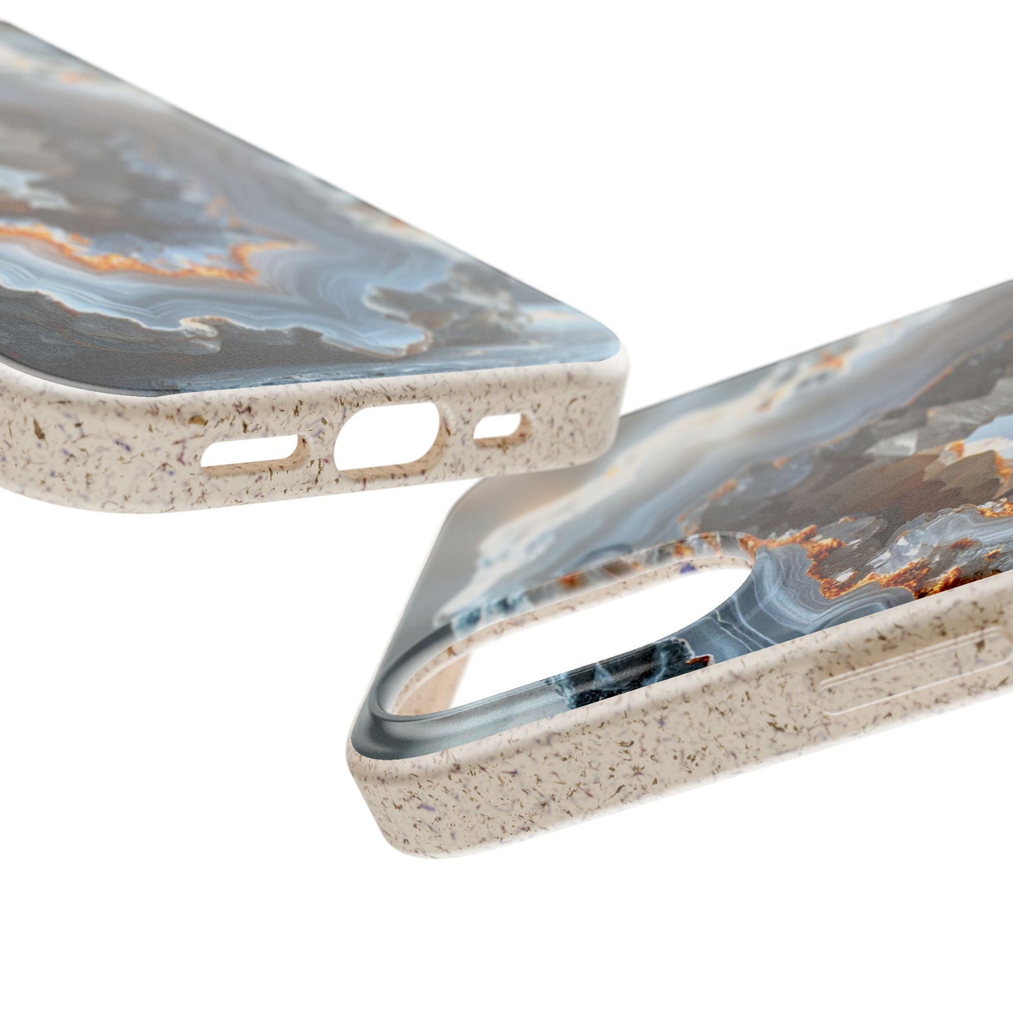 Two close-up views of a smartphone case with a marbled agate-inspired design in blue, gray, and brown tones over a speckled beige edge, shown on a white background.