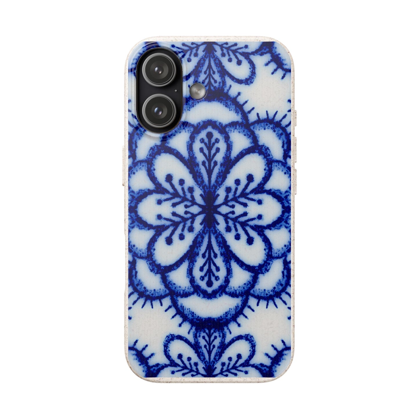 A phone case featuring a classic blue and white Portuguese azulejo tile pattern, shown on a plain white background.
