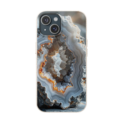 A clear iPhone case featuring a detailed geode and agate stone print with concentric bands of gray, white, brown, and orange, shown on a white background.
