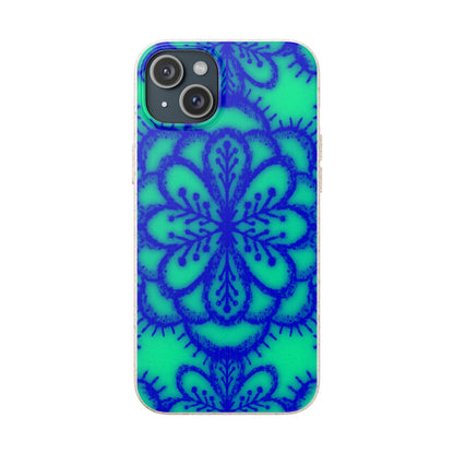 A phone case featuring a vibrant blue mandala floral pattern printed on a bright green background, shown on a plain white background.
