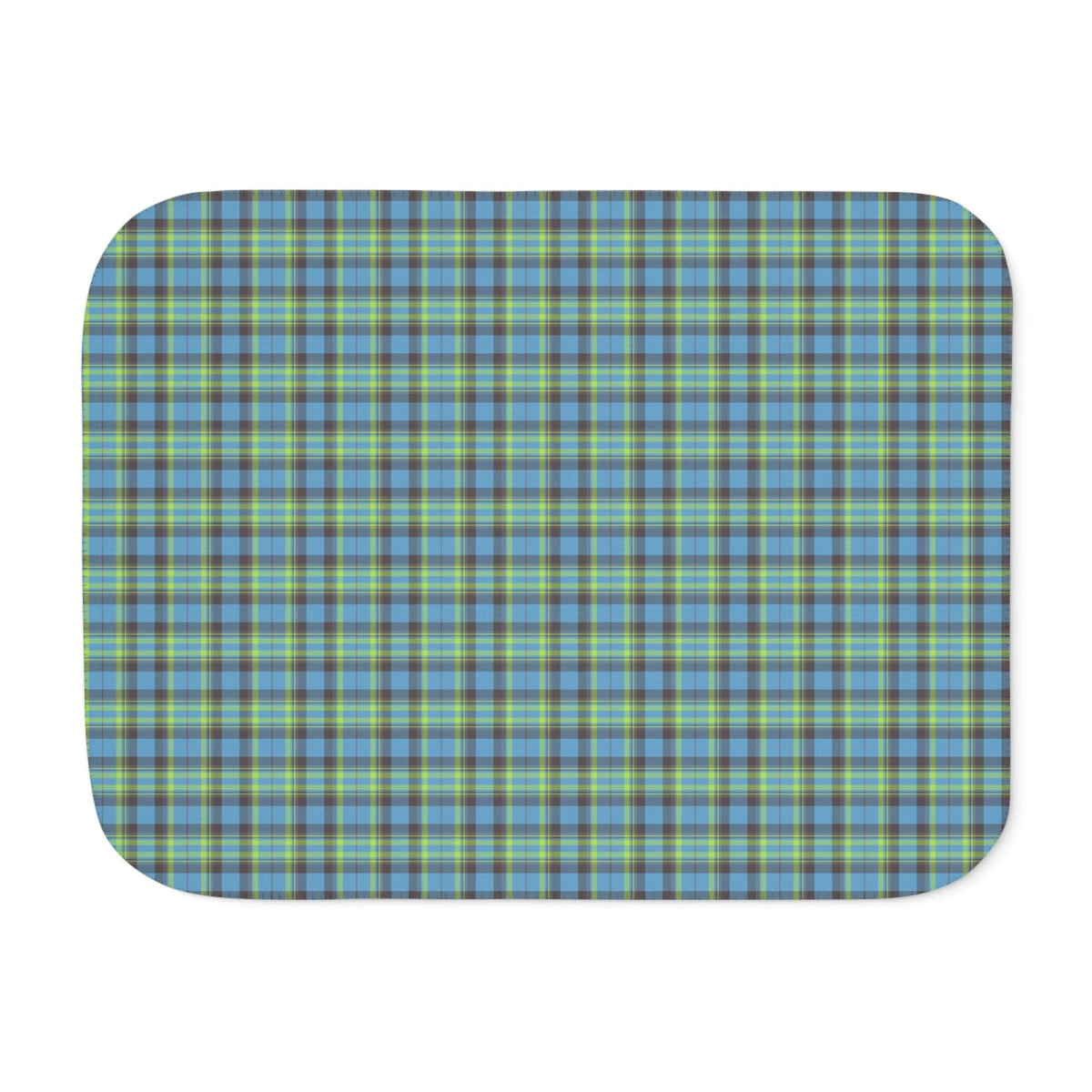 A rectangular mat with rounded corners featuring a blue, green, and gray plaid pattern, shown on a plain white background.
