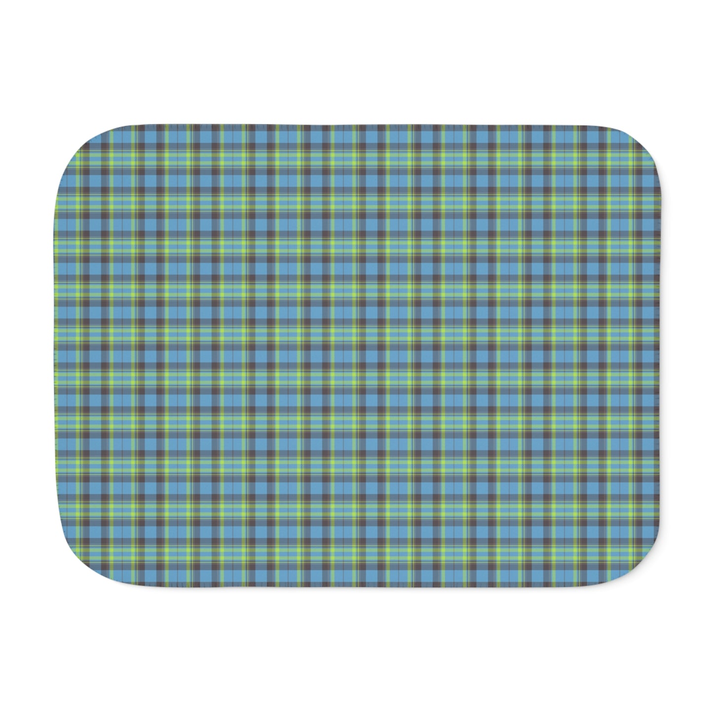 A rectangular mat with rounded corners featuring a blue, green, and gray plaid pattern, shown on a plain white background.