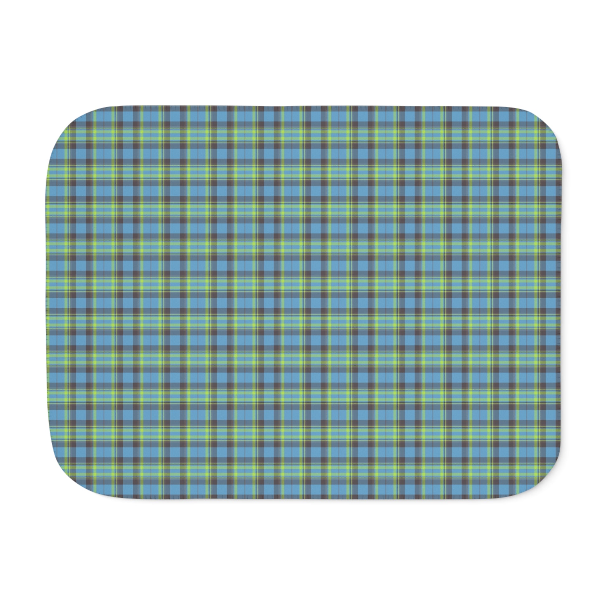 A rectangular mat with rounded corners featuring a blue, green, and gray plaid pattern, shown on a plain white background.