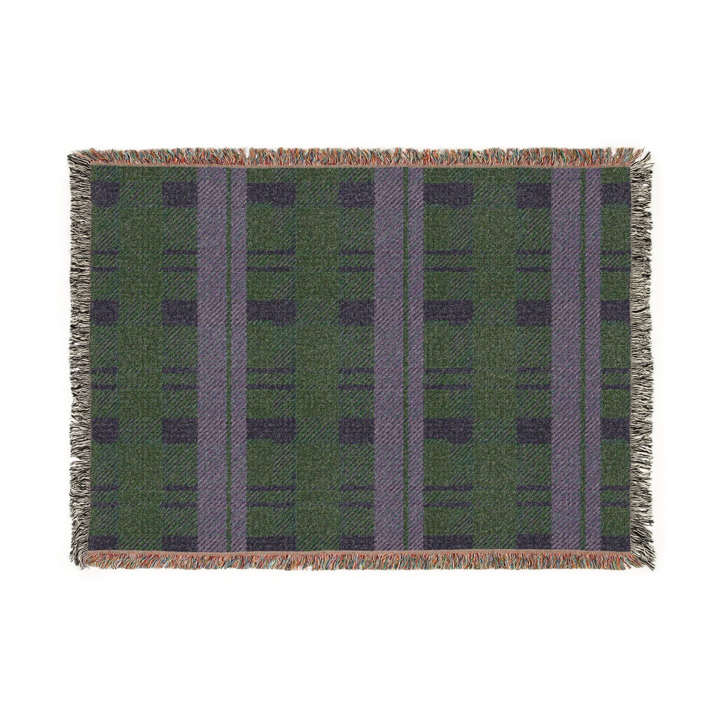 A rectangular woven placemat with a green and purple plaid pattern and fringed edges, shown flat against a white background.