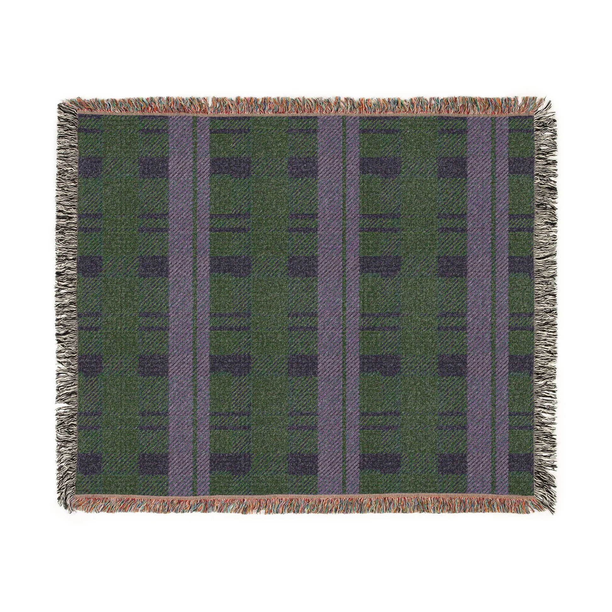 A rectangular woven throw blanket with a green and purple plaid pattern and fringed edges, shown flat against a white background.